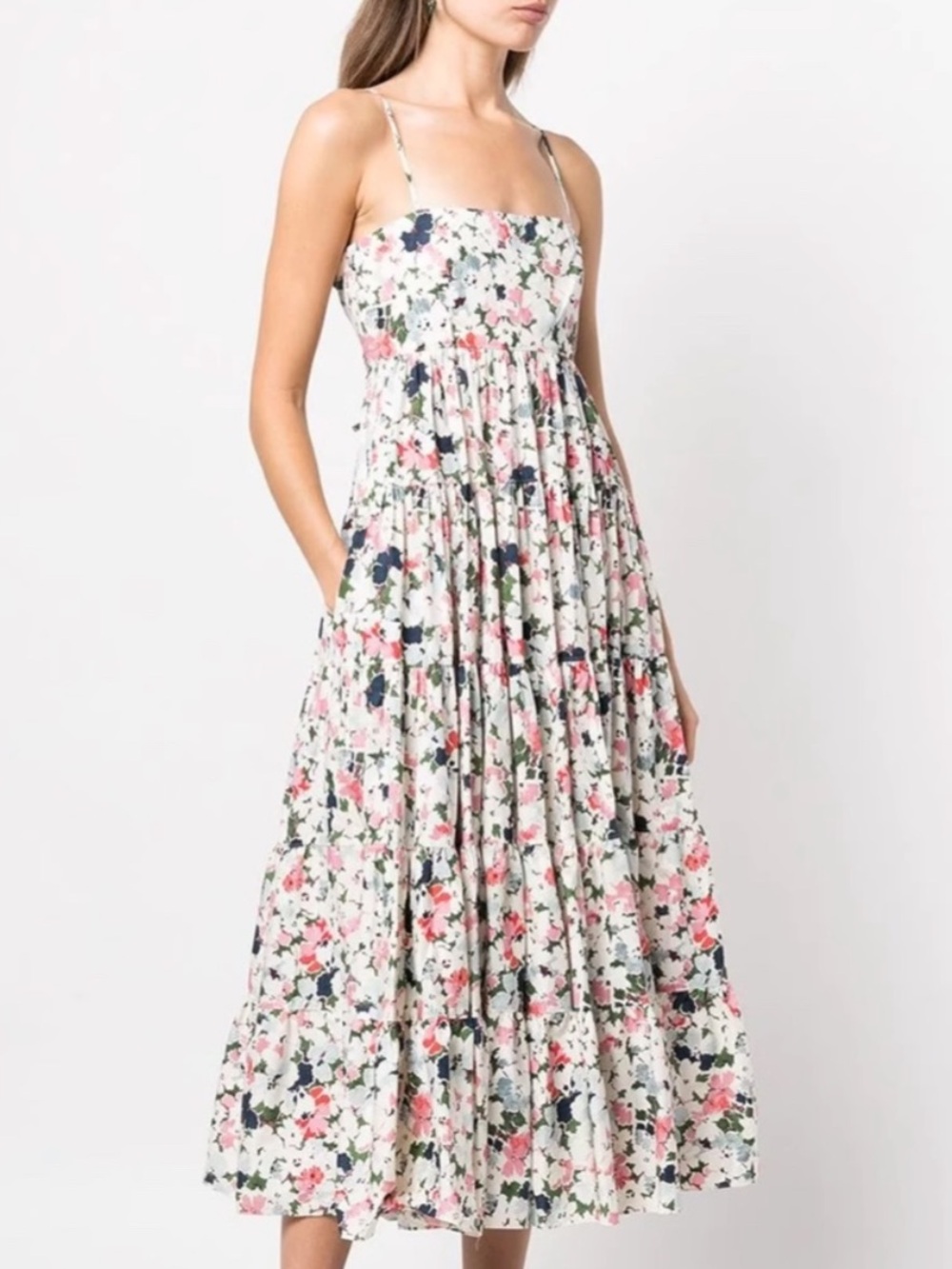 Cinq a Sept Gavin Empire Waist Tiered Cotton Floral Print Midi Dress Size 0
